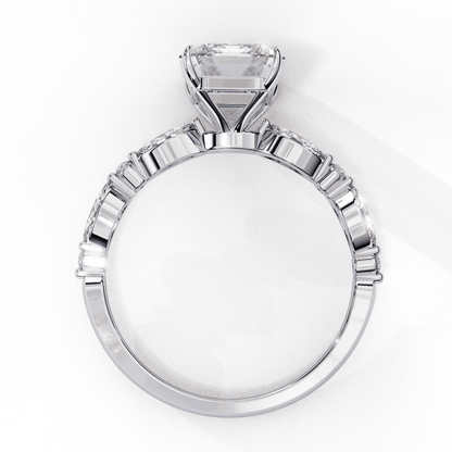 Emerald Cut Lab Grown Diamond Pave Engagement Ring with Marquise and Round Accent Shoulders