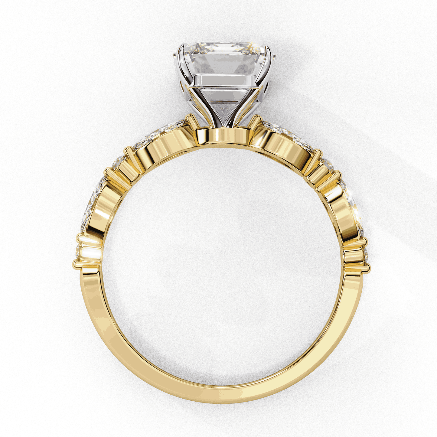 Emerald Cut Lab Grown Diamond Pave Engagement Ring with Marquise and Round Accent Shoulders