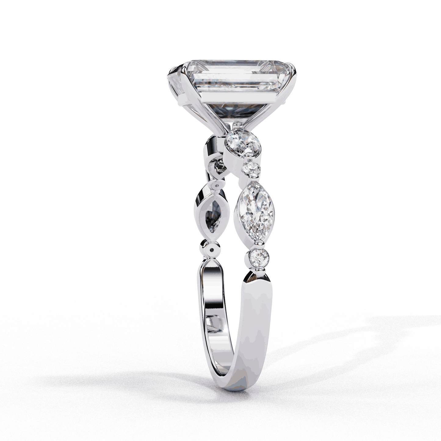 Emerald Cut Lab Grown Diamond Pave Engagement Ring with Marquise and Round Accent Shoulders