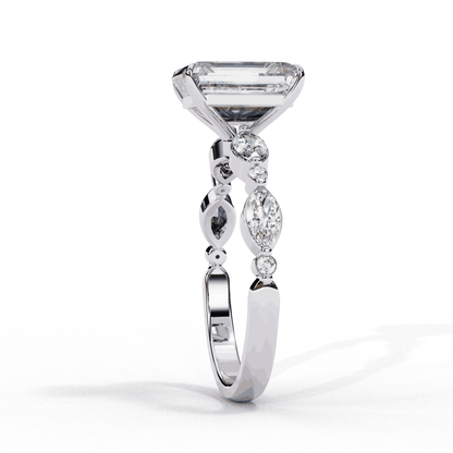 Emerald Cut Lab Grown Diamond Pave Engagement Ring with Marquise and Round Accent Shoulders