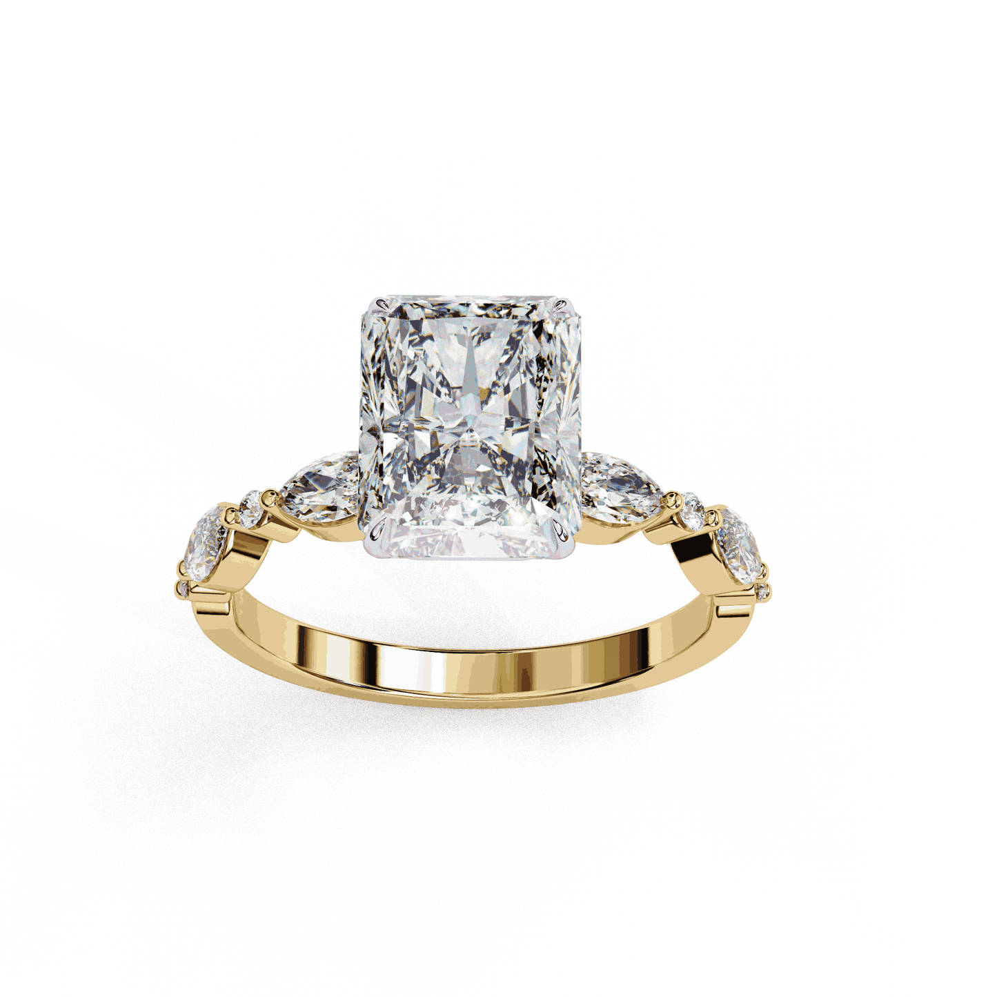 Radiant Cut Lab Grown Diamond Pave Engagement Ring with Marquise and Round Accent Shoulders