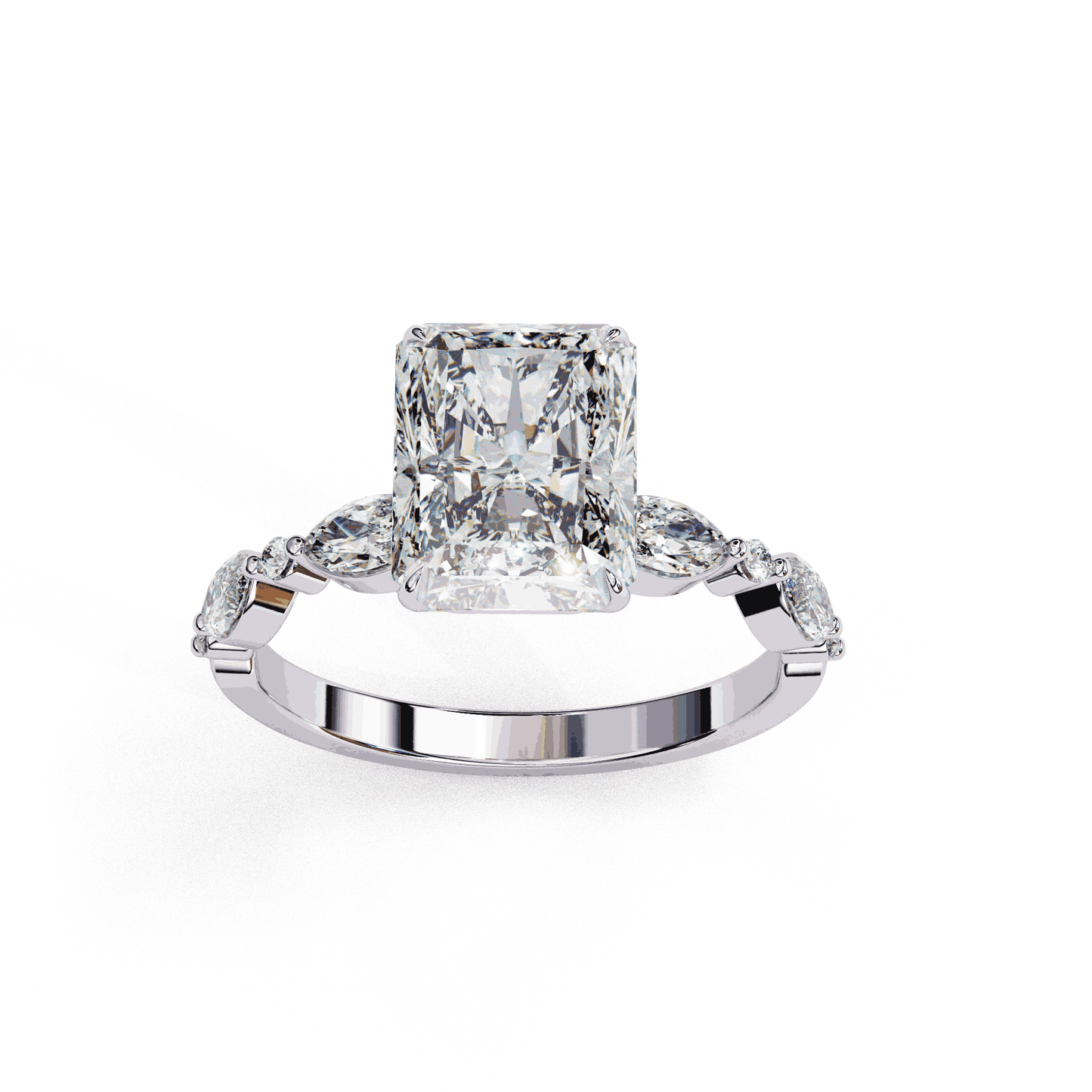Radiant Cut Lab Grown Diamond Pave Engagement Ring with Marquise and Round Accent Shoulders