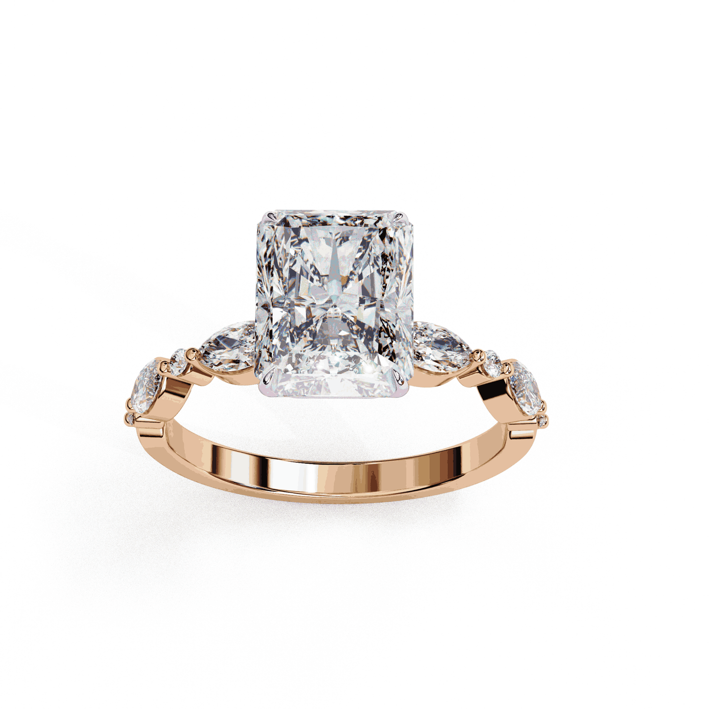 Radiant Cut Lab Grown Diamond Pave Engagement Ring with Marquise and Round Accent Shoulders