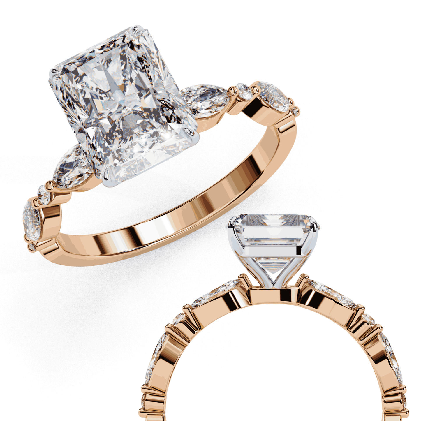 Radiant Cut Lab Grown Diamond Pave Engagement Ring with Marquise and Round Accent Shoulders