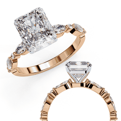 Radiant Cut Lab Grown Diamond Pave Engagement Ring with Marquise and Round Accent Shoulders
