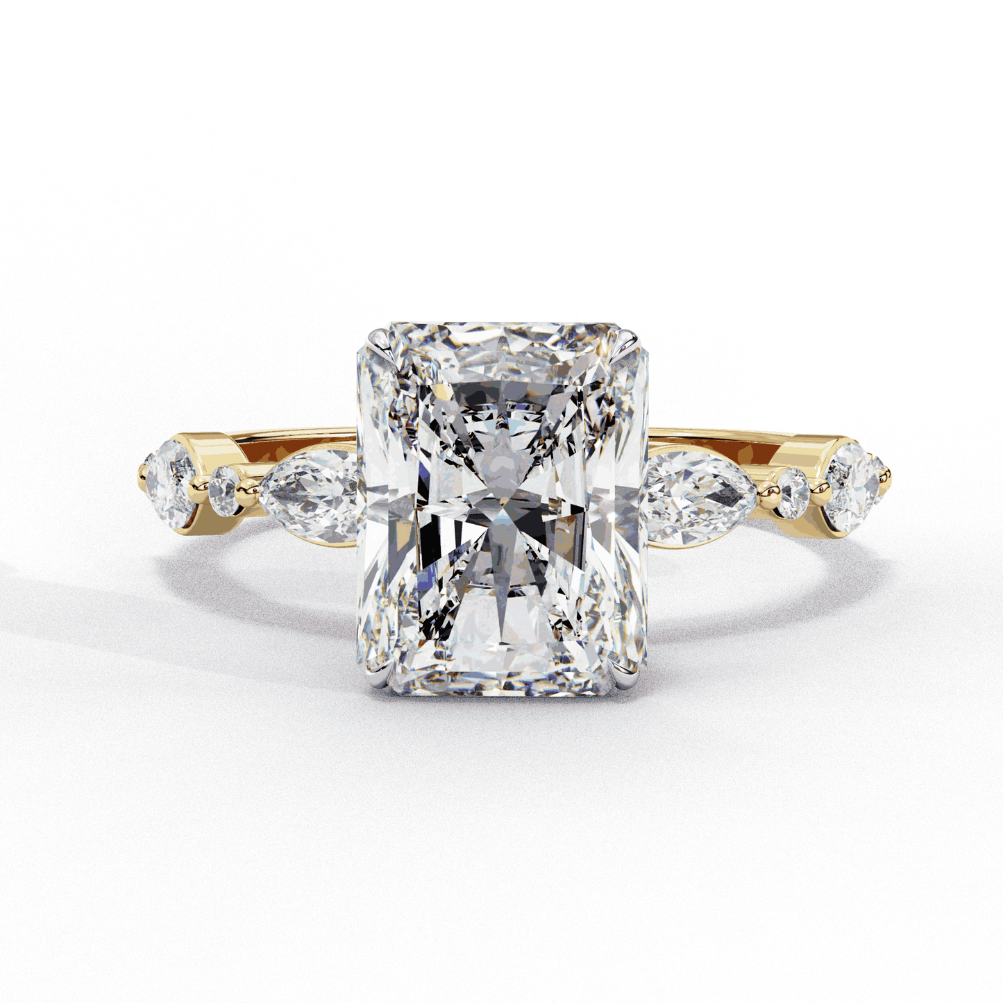 Radiant Cut Lab Grown Diamond Pave Engagement Ring with Marquise and Round Accent Shoulders
