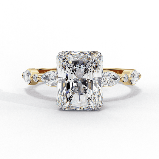 Radiant Cut Lab Grown Diamond Pave Engagement Ring with Marquise and Round Accent Shoulders