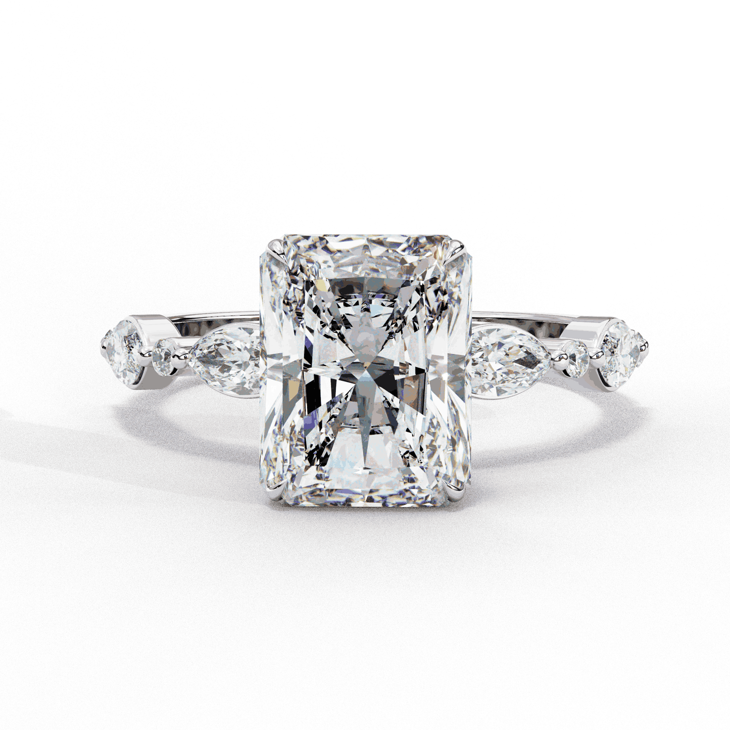 Radiant Cut Lab Grown Diamond Pave Engagement Ring with Marquise and Round Accent Shoulders