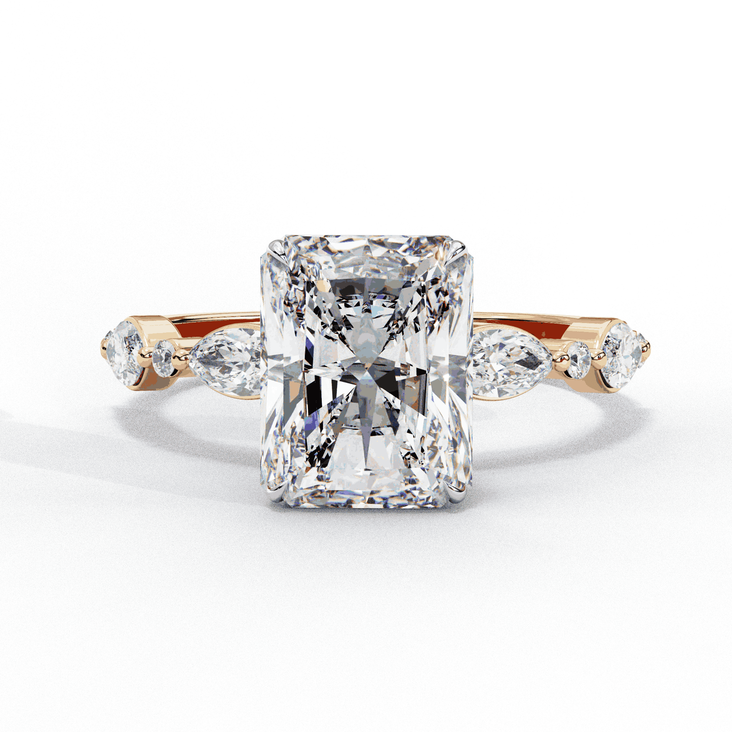 Radiant Cut Lab Grown Diamond Pave Engagement Ring with Marquise and Round Accent Shoulders