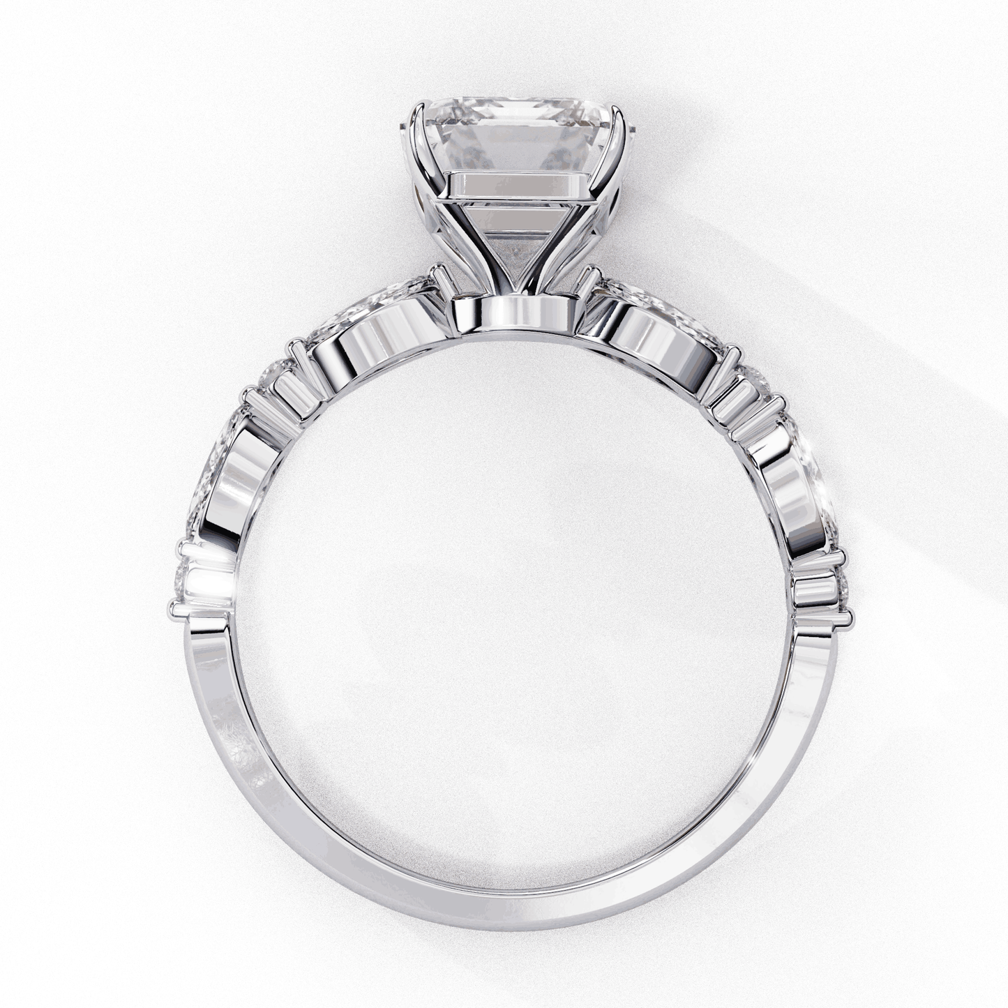 Radiant Cut Lab Grown Diamond Pave Engagement Ring with Marquise and Round Accent Shoulders