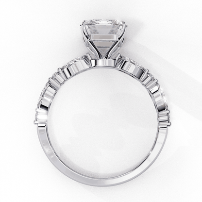 Radiant Cut Lab Grown Diamond Pave Engagement Ring with Marquise and Round Accent Shoulders