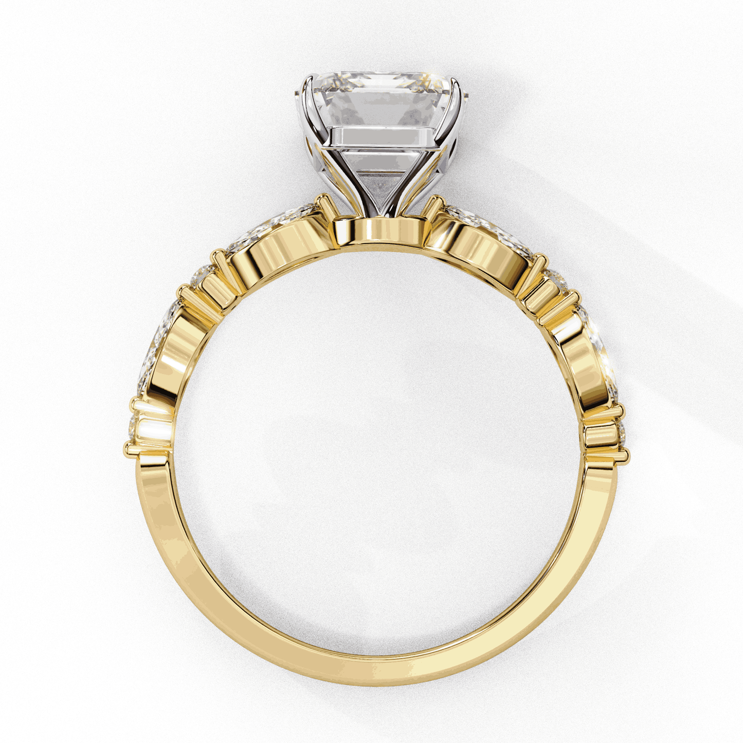 Radiant Cut Lab Grown Diamond Pave Engagement Ring with Marquise and Round Accent Shoulders