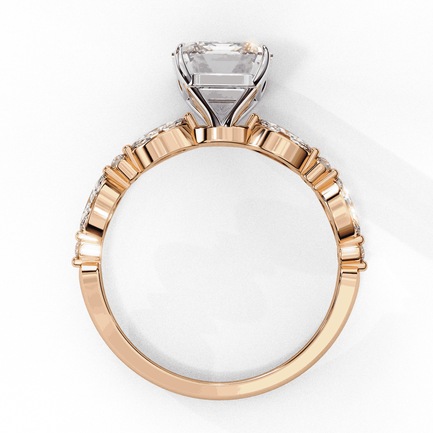Radiant Cut Lab Grown Diamond Pave Engagement Ring with Marquise and Round Accent Shoulders