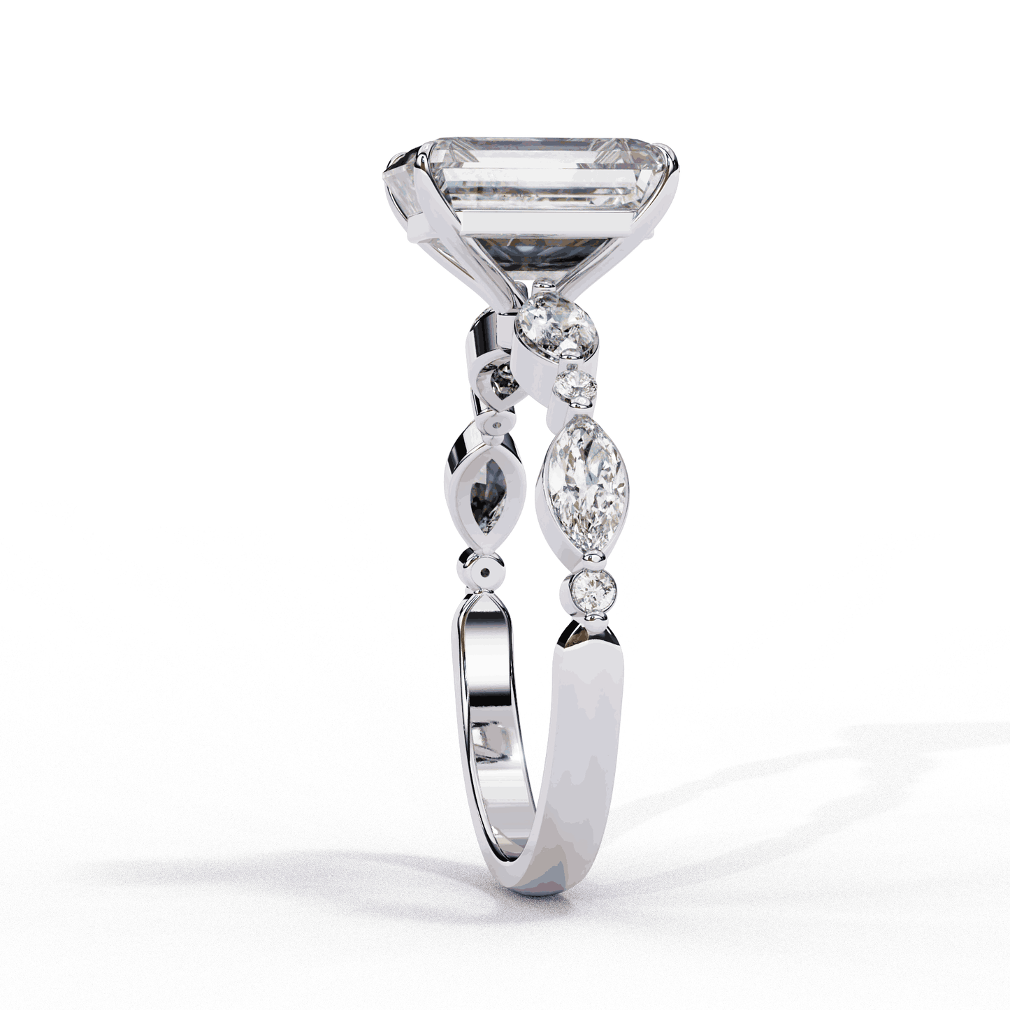 Radiant Cut Lab Grown Diamond Pave Engagement Ring with Marquise and Round Accent Shoulders