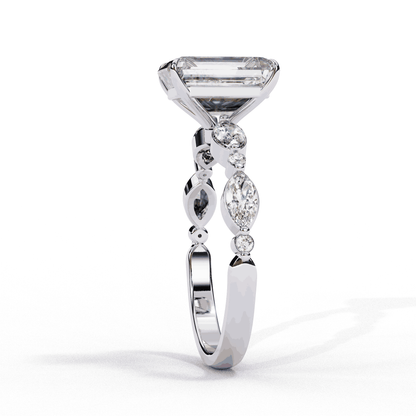Radiant Cut Lab Grown Diamond Pave Engagement Ring with Marquise and Round Accent Shoulders