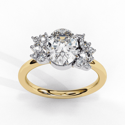 Oval Cut Lab Grown Diamond Bezel Engagement Ring with Asymmetric Diamond Cluster Accents