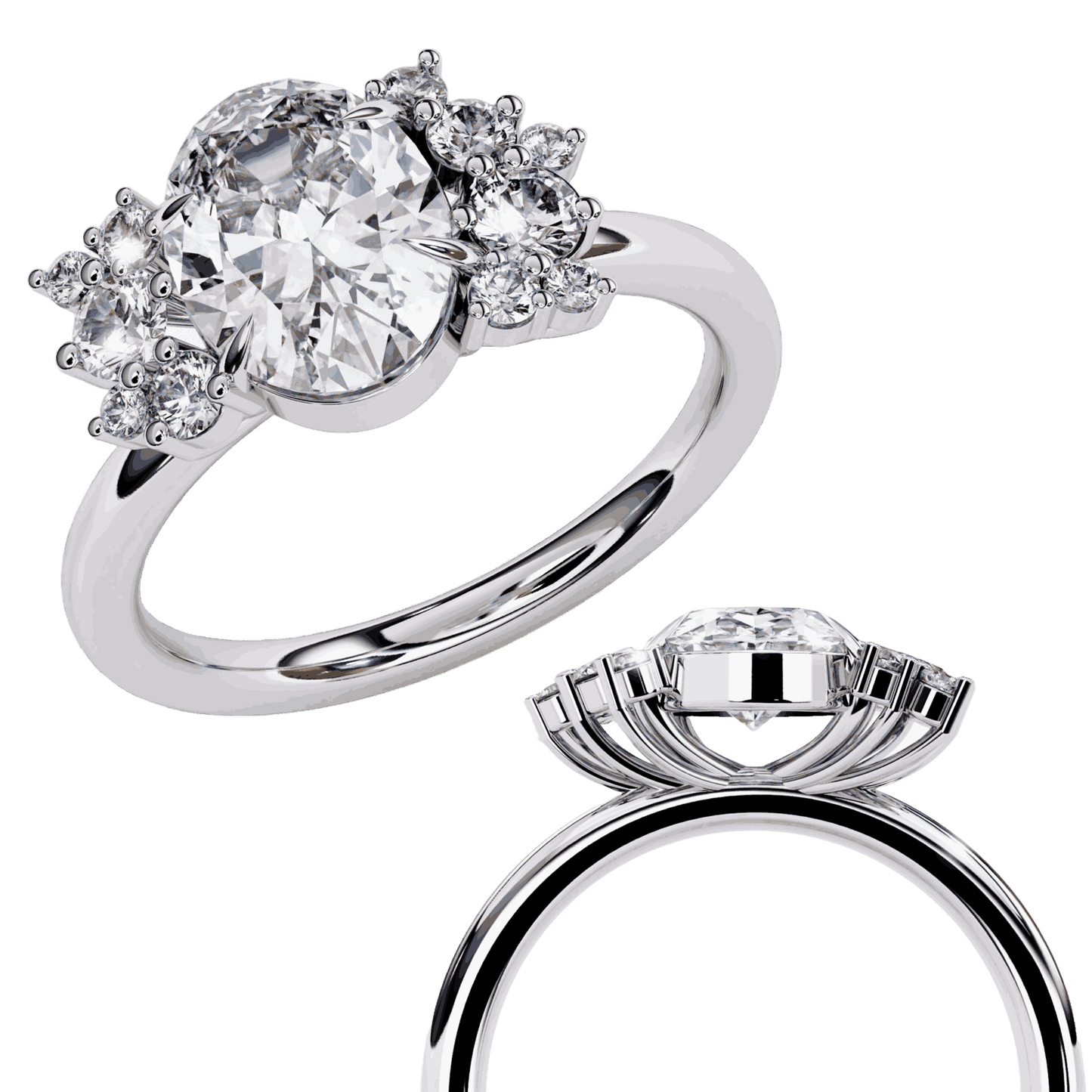Oval Cut Lab Grown Diamond Bezel Engagement Ring with Asymmetric Diamond Cluster Accents