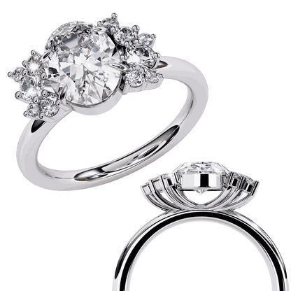 Oval Cut Lab Grown Diamond Bezel Engagement Ring with Asymmetric Diamond Cluster Accents
