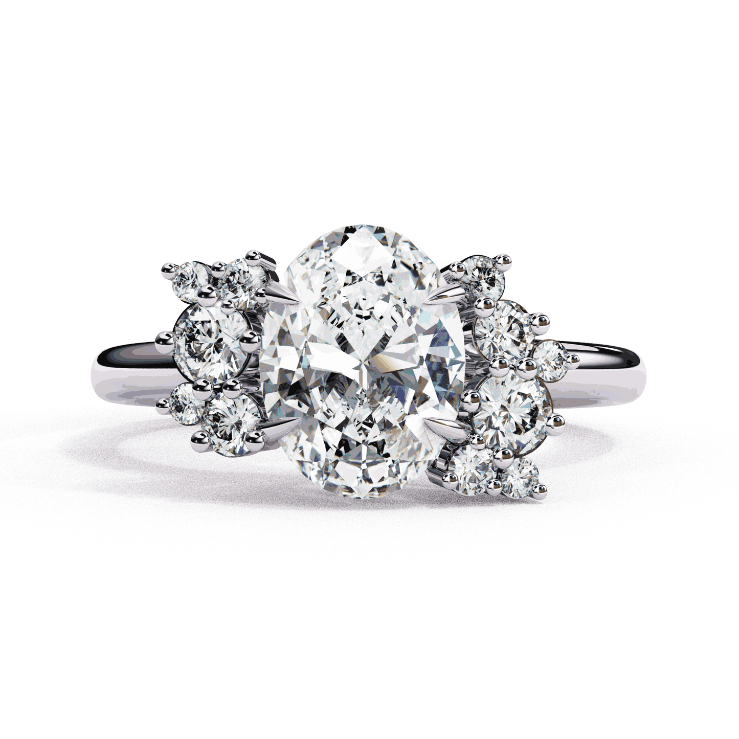 Oval Cut Lab Grown Diamond Bezel Engagement Ring with Asymmetric Diamond Cluster Accents