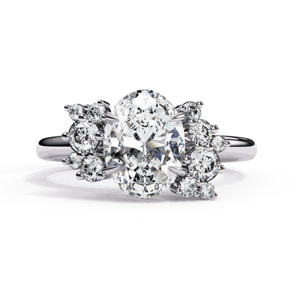 Oval Cut Lab Grown Diamond Bezel Engagement Ring with Asymmetric Diamond Cluster Accents
