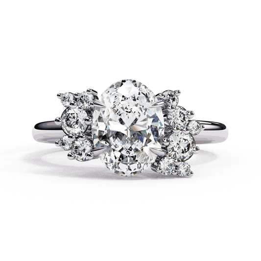 Oval Cut Lab Grown Diamond Bezel Engagement Ring with Asymmetric Diamond Cluster Accents
