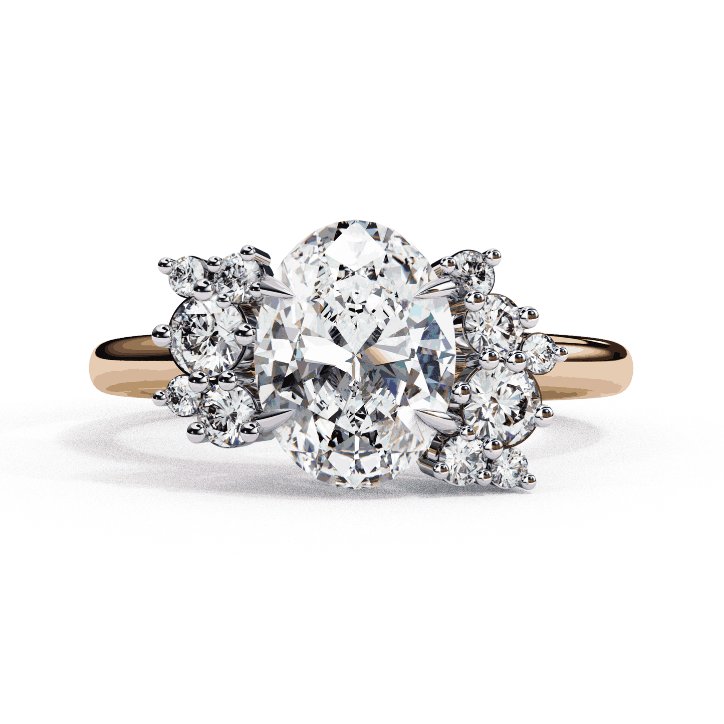 Oval Cut Lab Grown Diamond Bezel Engagement Ring with Asymmetric Diamond Cluster Accents