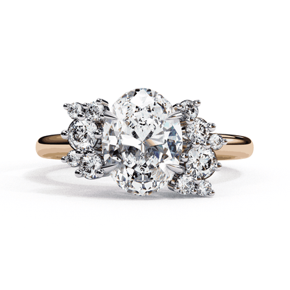 Oval Cut Lab Grown Diamond Bezel Engagement Ring with Asymmetric Diamond Cluster Accents
