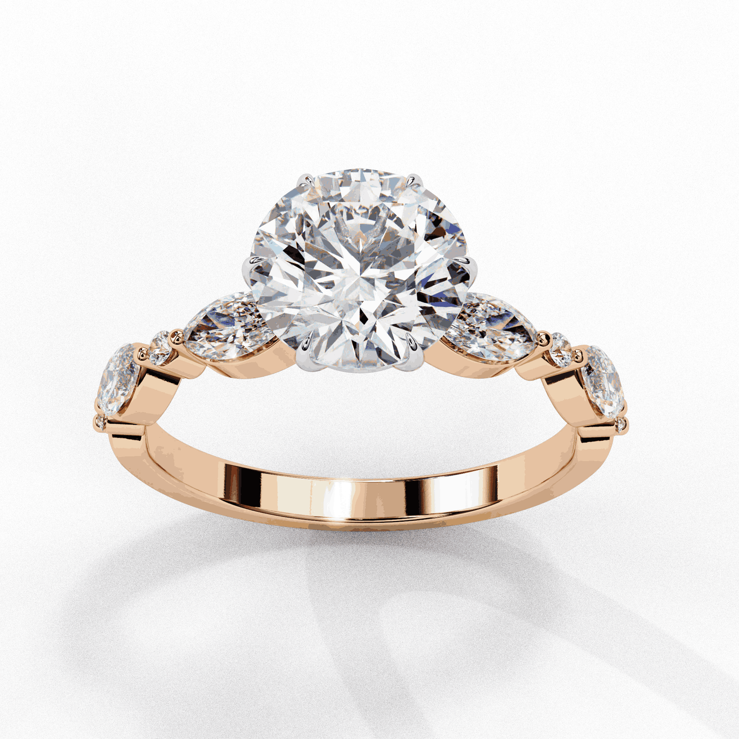 Round Cut Lab Grown Diamond Pave Engagement Ring with Marquise and Round Accent Shoulders