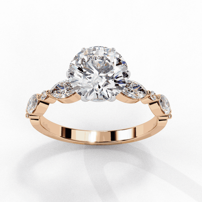 Round Cut Lab Grown Diamond Pave Engagement Ring with Marquise and Round Accent Shoulders