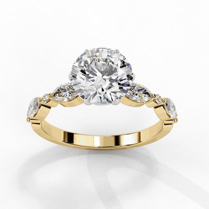 Round Cut Lab Grown Diamond Pave Engagement Ring with Marquise and Round Accent Shoulders