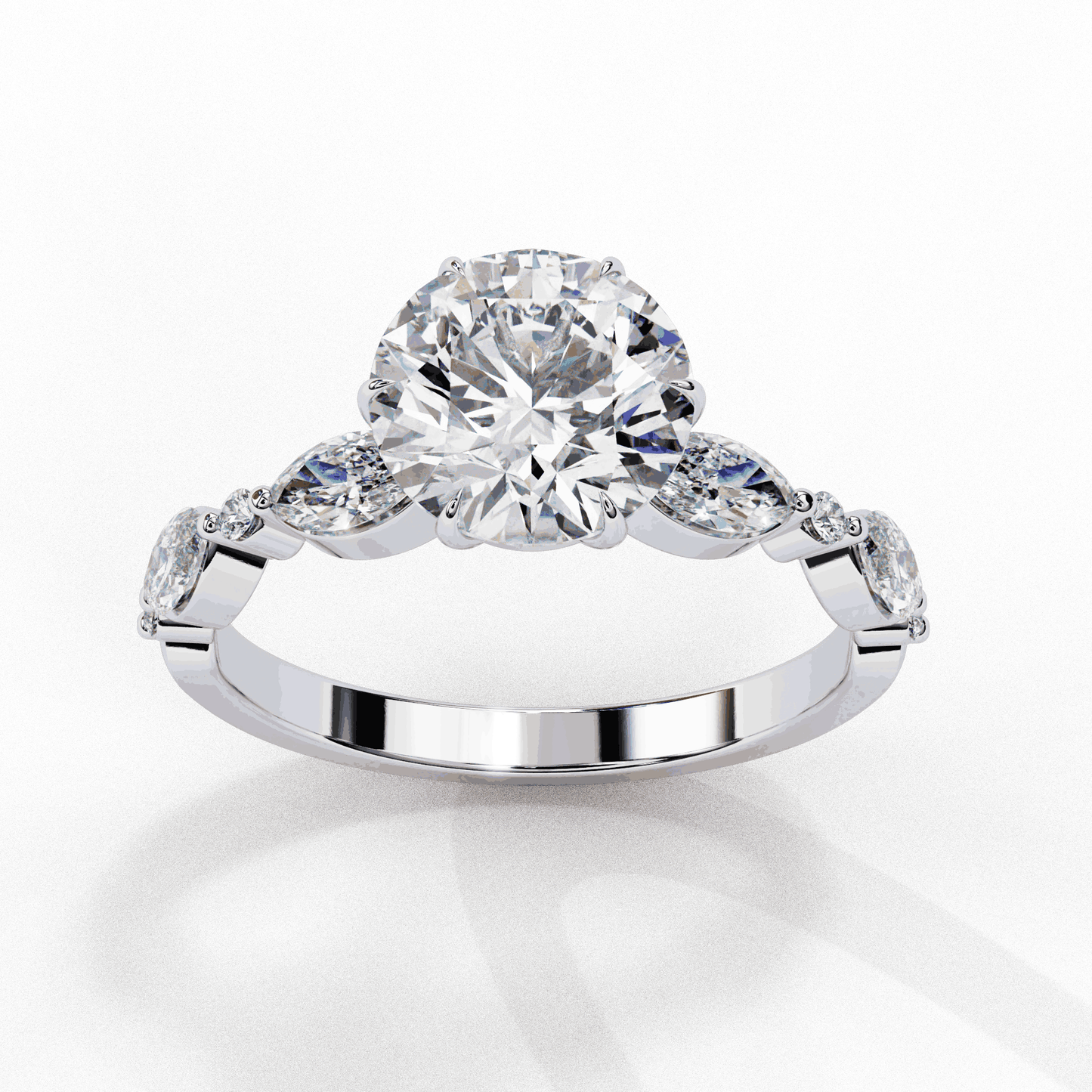 Round Cut Lab Grown Diamond Pave Engagement Ring with Marquise and Round Accent Shoulders