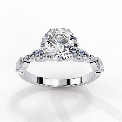 Round Cut Lab Grown Diamond Pave Engagement Ring with Marquise and Round Accent Shoulders