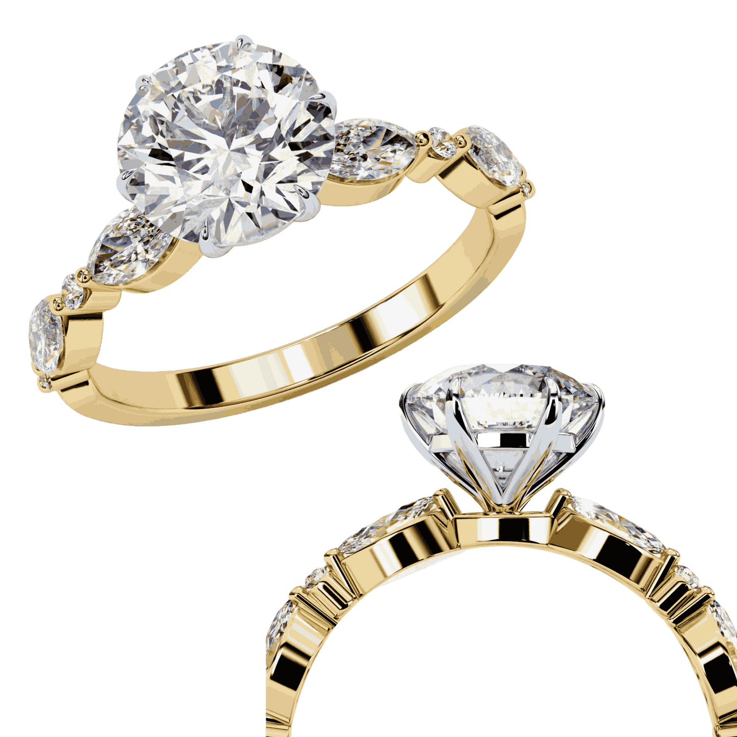 Round Cut Lab Grown Diamond Pave Engagement Ring with Marquise and Round Accent Shoulders