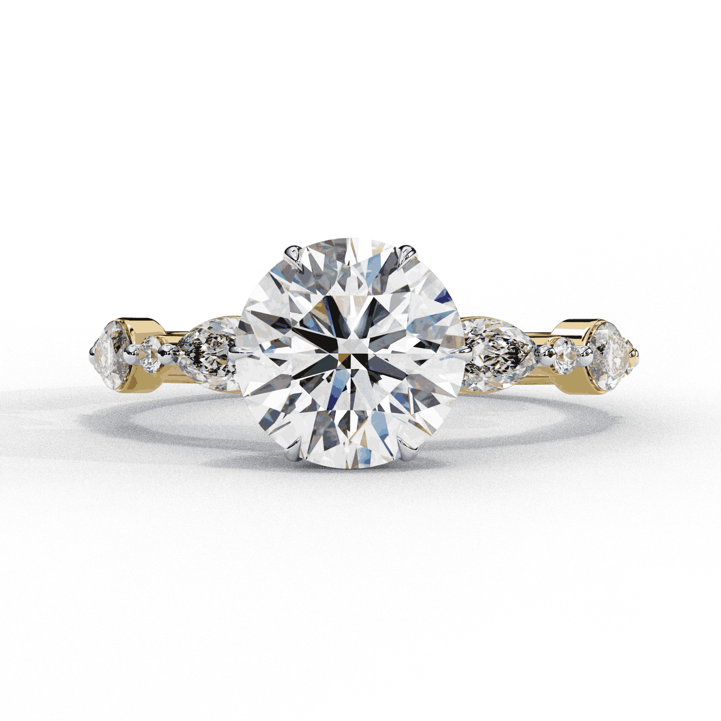 Round Cut Lab Grown Diamond Pave Engagement Ring with Marquise and Round Accent Shoulders