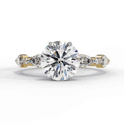 Round Cut Lab Grown Diamond Pave Engagement Ring with Marquise and Round Accent Shoulders
