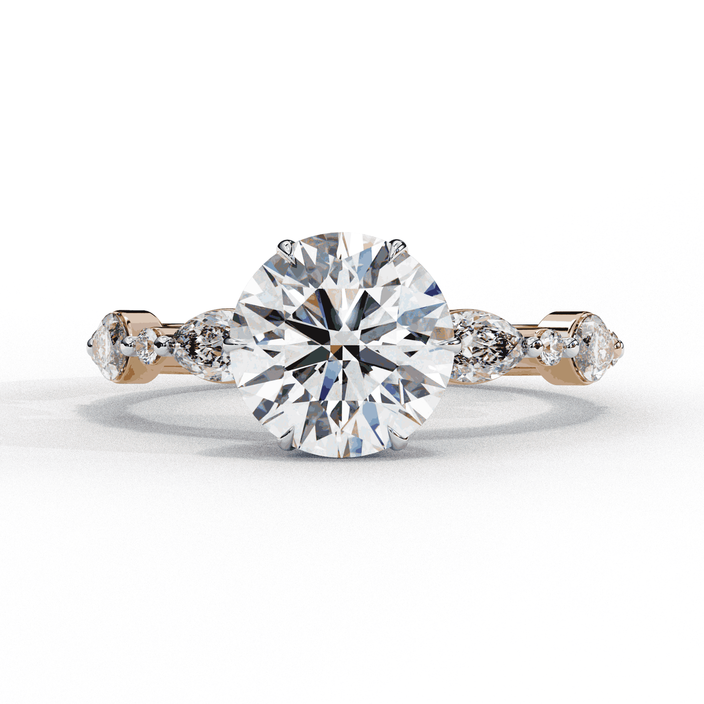 Round Cut Lab Grown Diamond Pave Engagement Ring with Marquise and Round Accent Shoulders