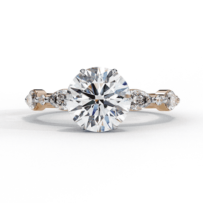 Round Cut Lab Grown Diamond Pave Engagement Ring with Marquise and Round Accent Shoulders