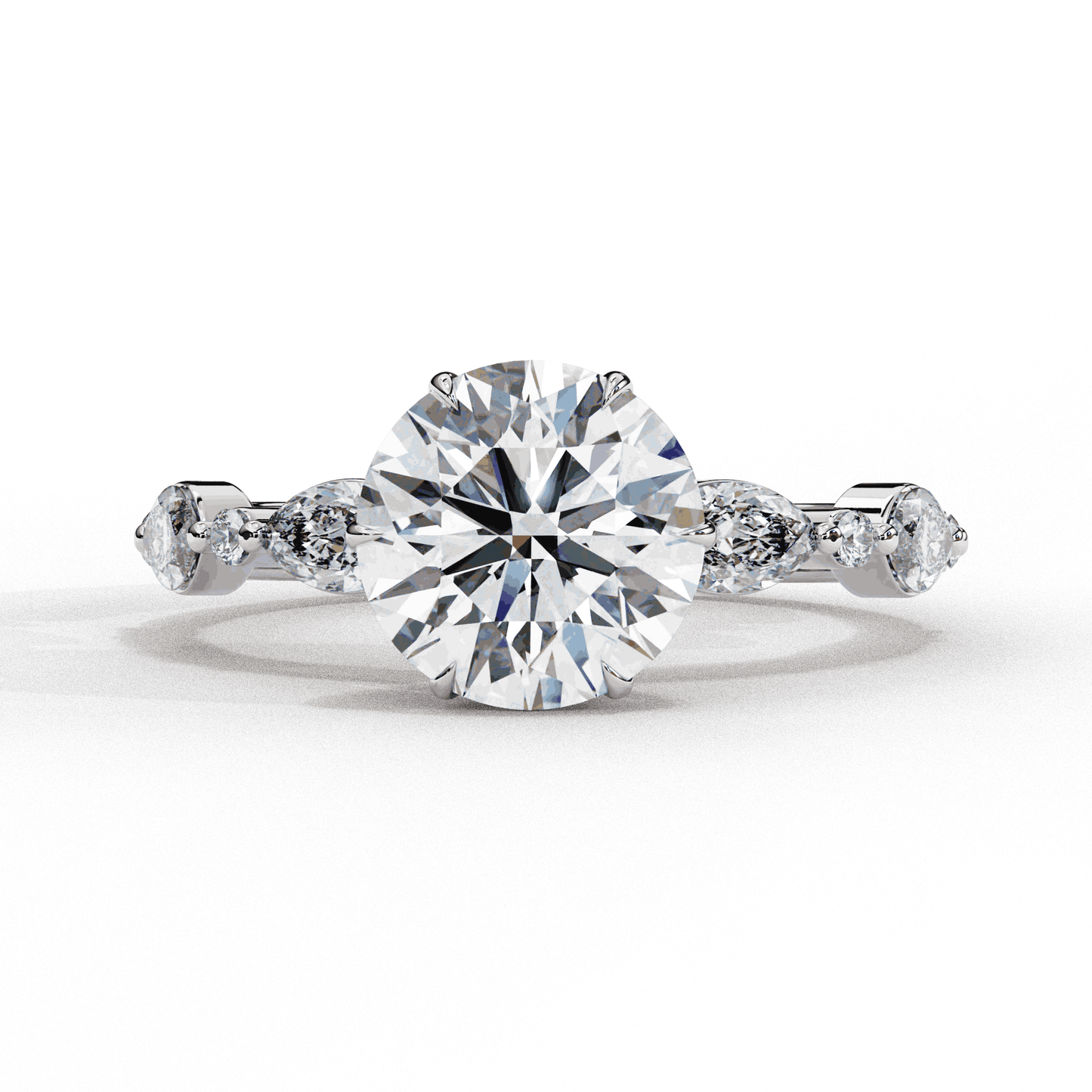 Round Cut Lab Grown Diamond Pave Engagement Ring with Marquise and Round Accent Shoulders