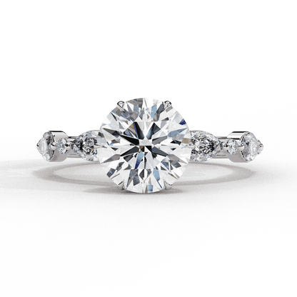 Round Cut Lab Grown Diamond Pave Engagement Ring with Marquise and Round Accent Shoulders