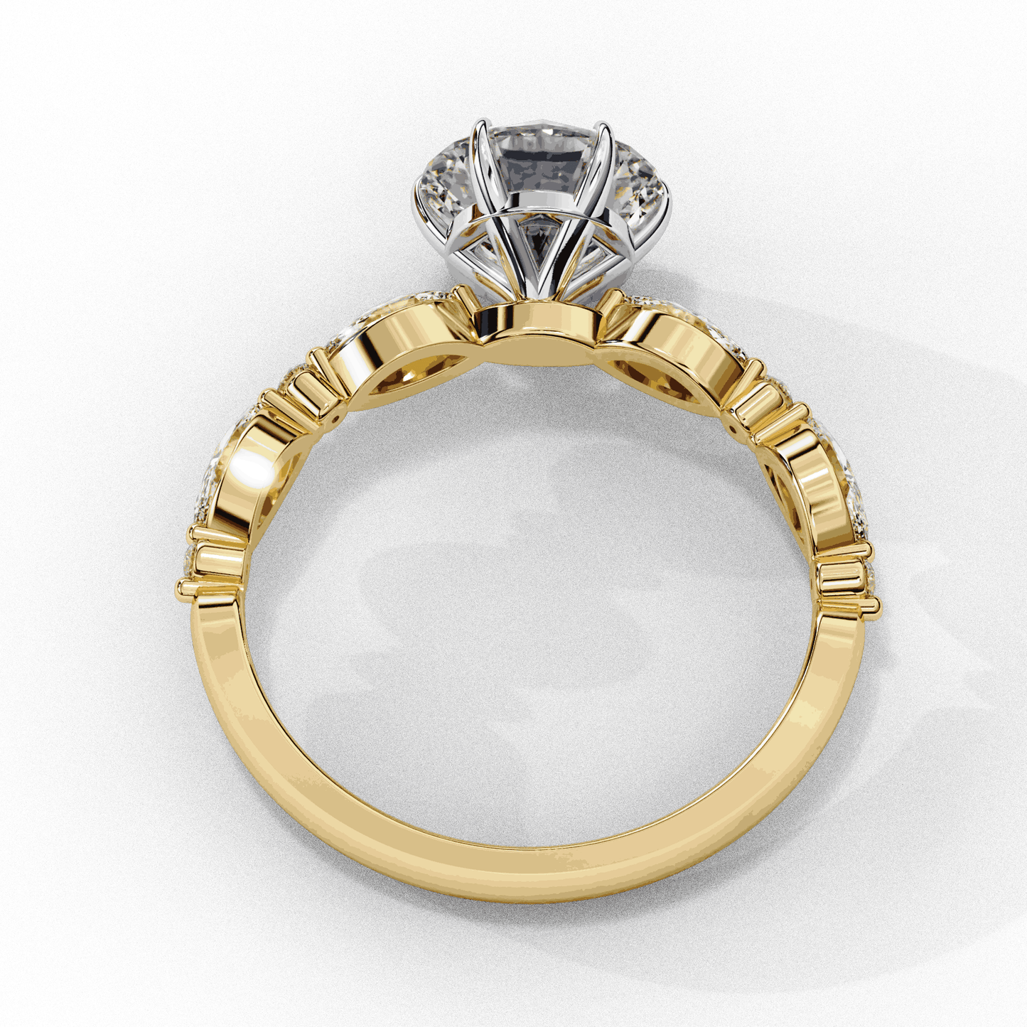 Round Cut Lab Grown Diamond Pave Engagement Ring with Marquise and Round Accent Shoulders