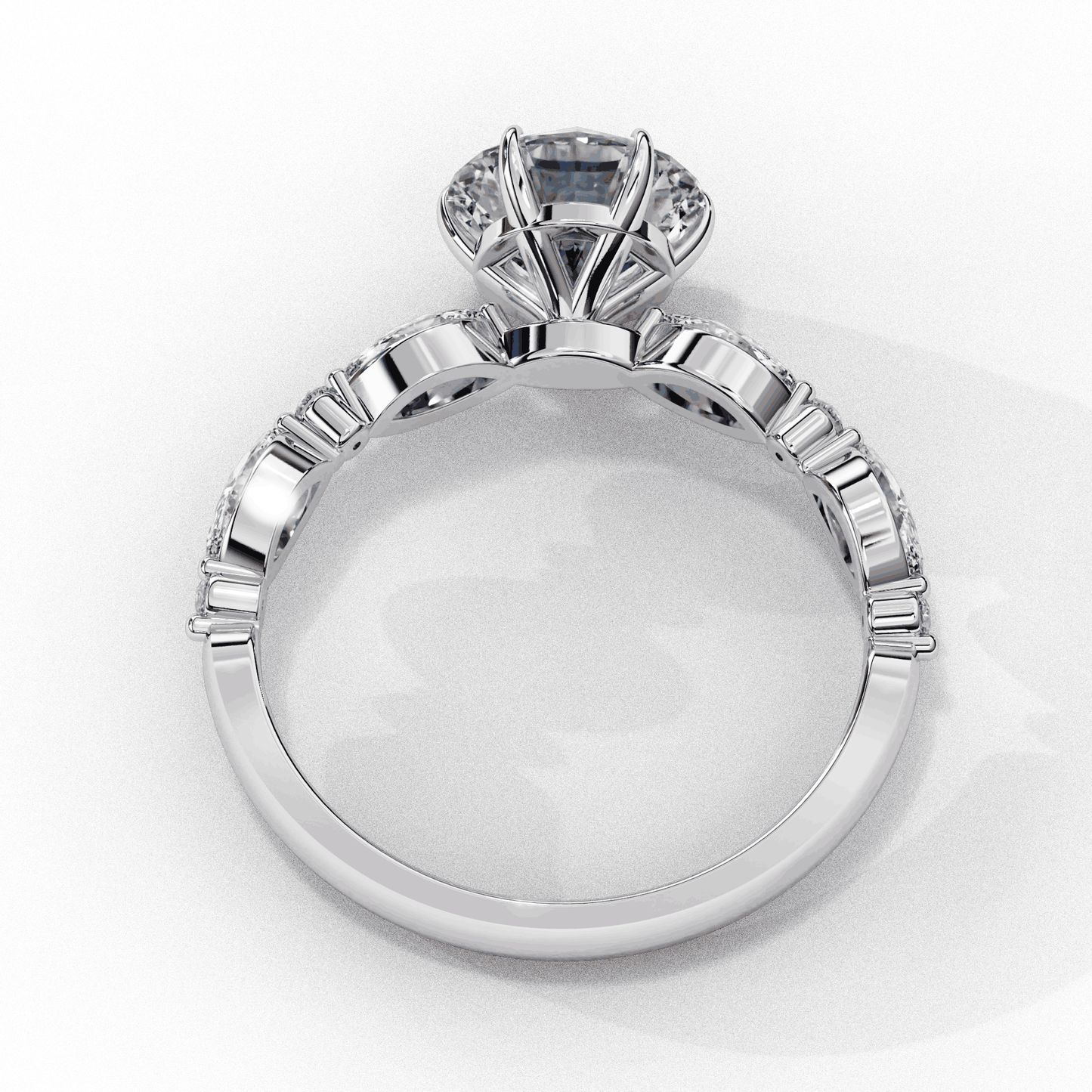 Round Cut Lab Grown Diamond Pave Engagement Ring with Marquise and Round Accent Shoulders