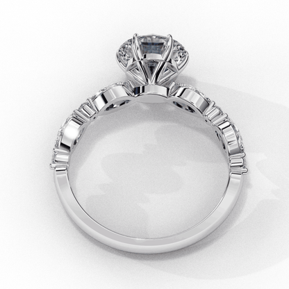 Round Cut Lab Grown Diamond Pave Engagement Ring with Marquise and Round Accent Shoulders