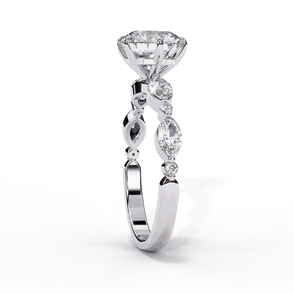 Round Cut Lab Grown Diamond Pave Engagement Ring with Marquise and Round Accent Shoulders