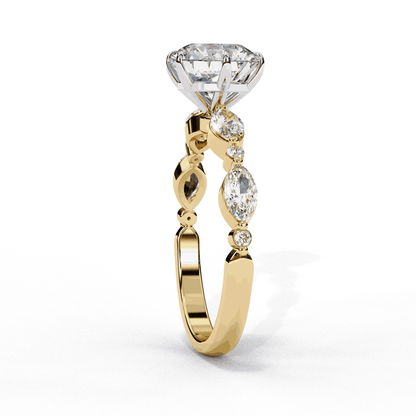 Round Cut Lab Grown Diamond Pave Engagement Ring with Marquise and Round Accent Shoulders