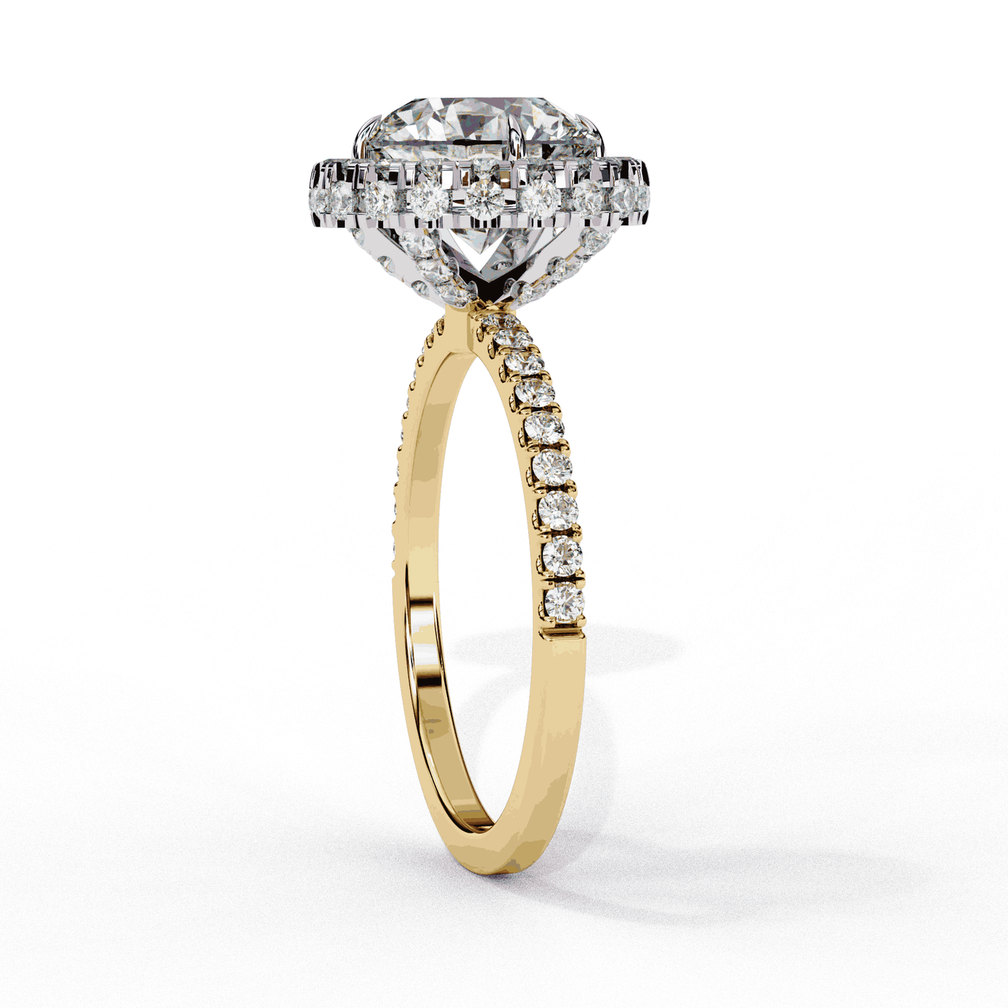 Round Cut Lab Grown Diamond Halo Engagement Ring with Open Gallery Pavé Basket