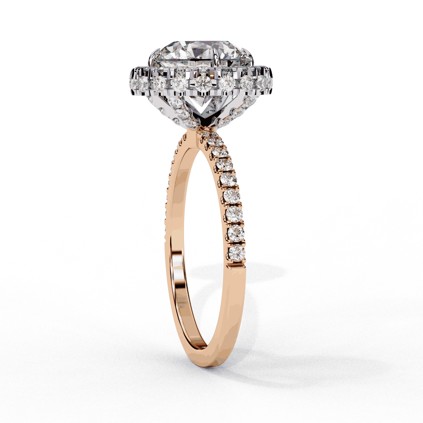 Round Cut Lab Grown Diamond Halo Engagement Ring with Open Gallery Pavé Basket