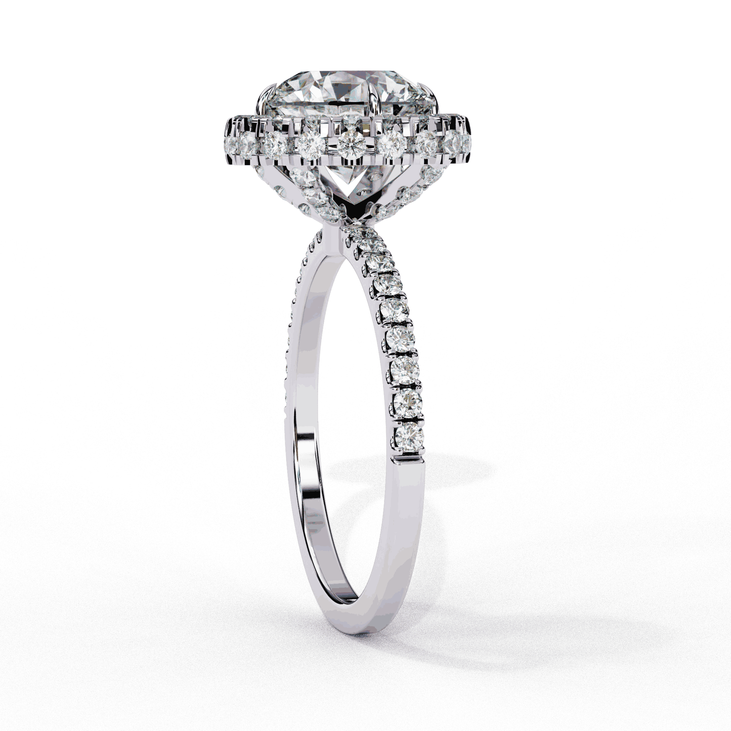 Round Cut Lab Grown Diamond Halo Engagement Ring with Open Gallery Pavé Basket