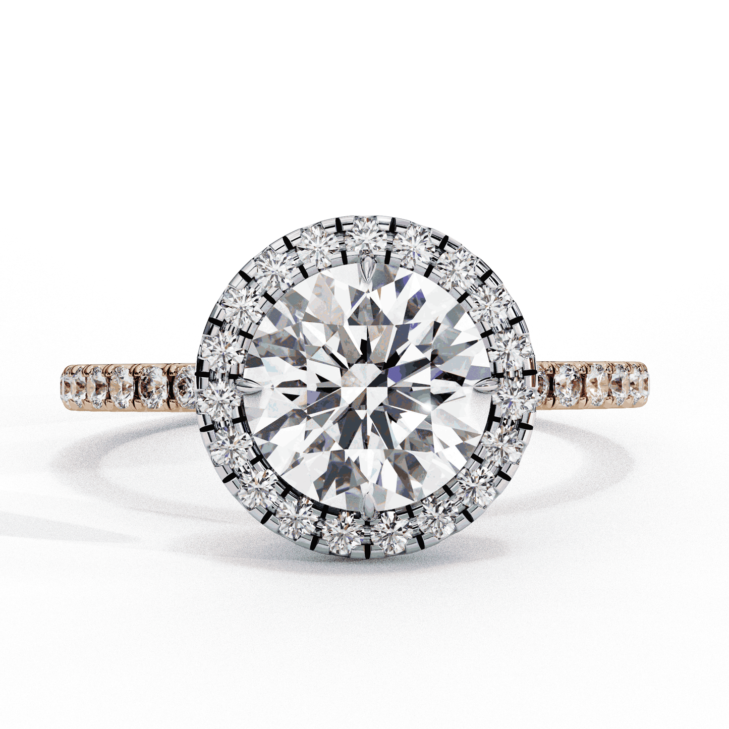 Round Cut Lab Grown Diamond Halo Engagement Ring with Open Gallery Pavé Basket