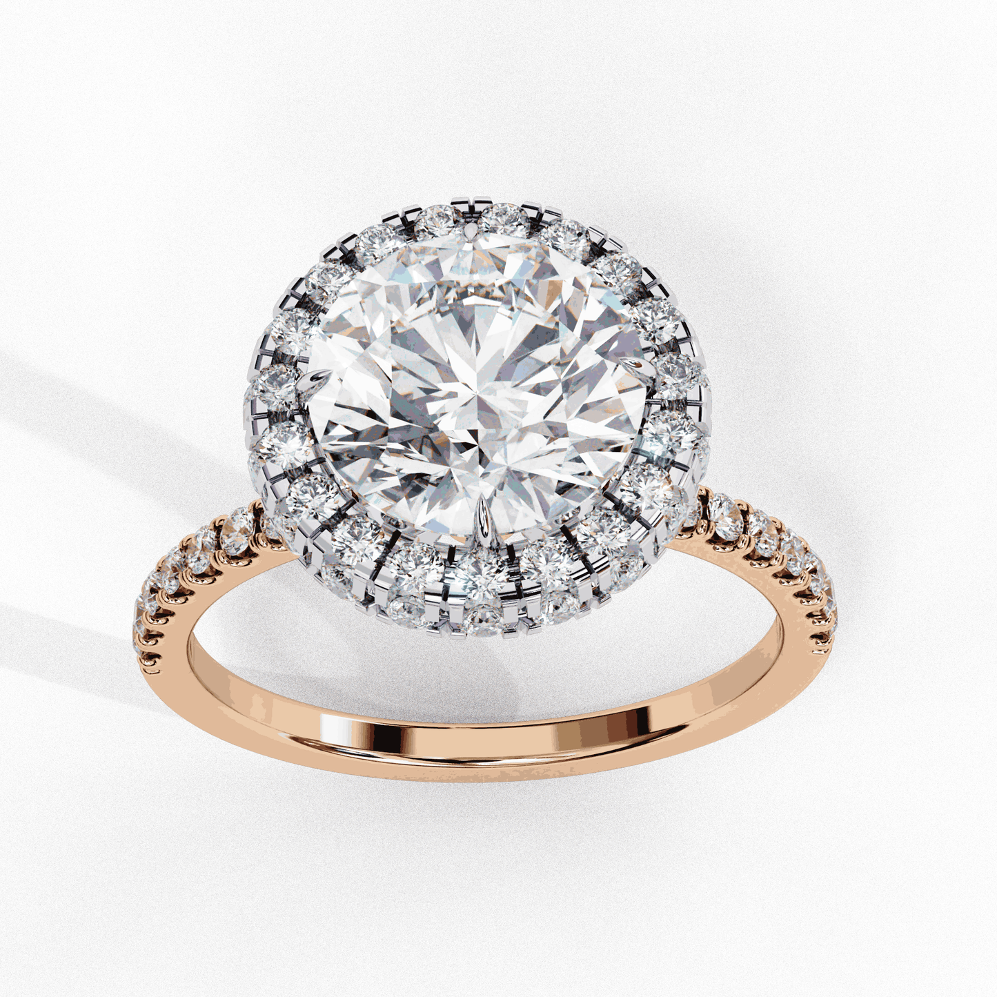 Round Cut Lab Grown Diamond Halo Engagement Ring with Open Gallery Pavé Basket