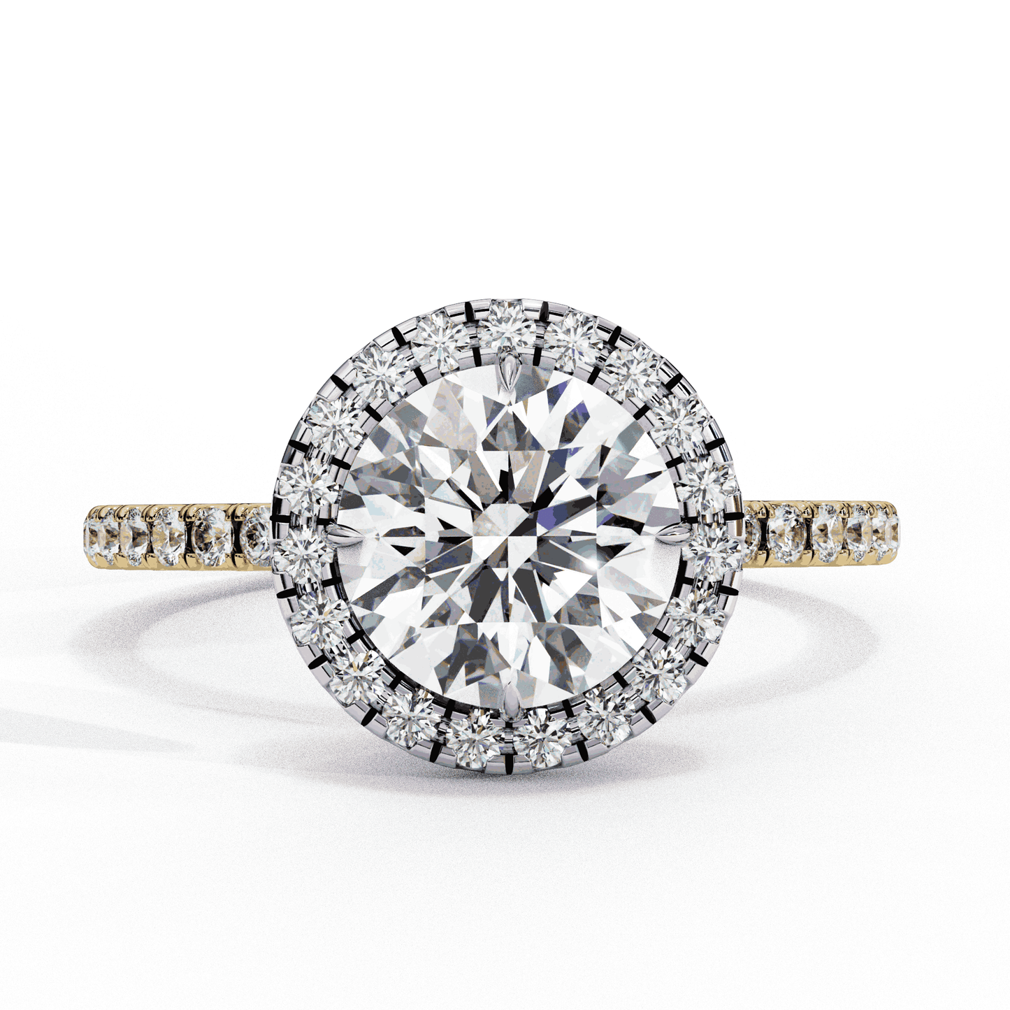 Round Cut Lab Grown Diamond Halo Engagement Ring with Open Gallery Pavé Basket